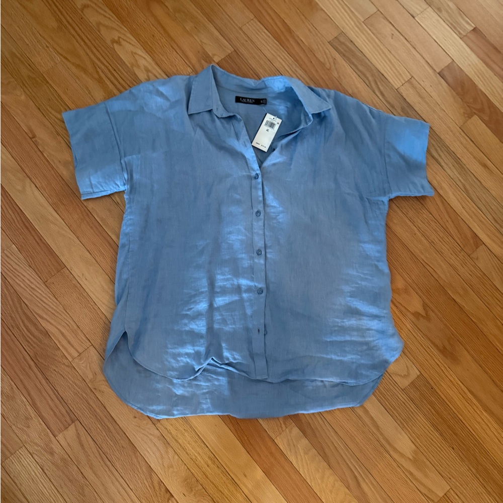 Ralph Lauren NWT❗️Button Down Linen Top Light Blue Short Sleeve Button-Up Shirt - Picture 2 of 9